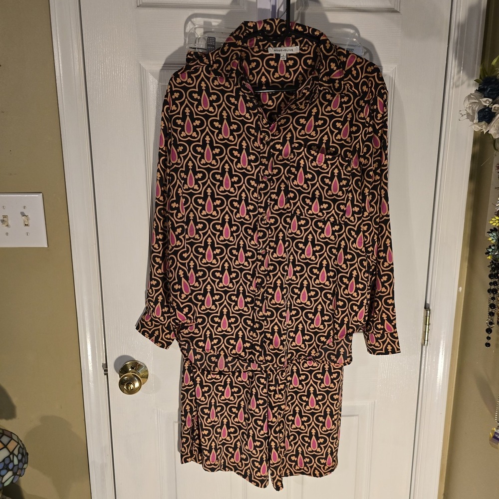 Rose + Olive Womens 2 Piece Set Pink Orange Black Geometric Print Small